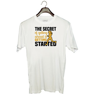                       UDNAG Unisex Round Neck Graphic 'Workout | The secret' Polyester T-Shirt White                                              