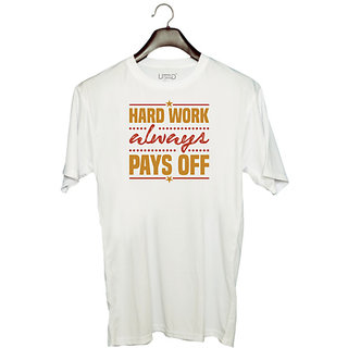                       UDNAG Unisex Round Neck Graphic 'Hard work always' Polyester T-Shirt White                                              