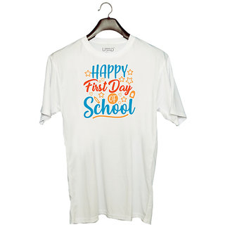                       UDNAG Unisex Round Neck Graphic 'School Teacher | happy first day of school' Polyester T-Shirt White                                              