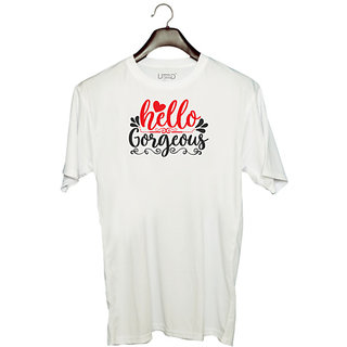                       UDNAG Unisex Round Neck Graphic 'Gorgeous | hello gorgeous' Polyester T-Shirt White                                              