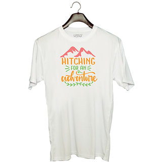                       UDNAG Unisex Round Neck Graphic 'Mountains | hitching for an adventure' Polyester T-Shirt White                                              