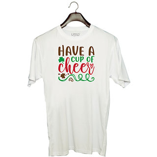                       UDNAG Unisex Round Neck Graphic 'Have a cup of cheer' Polyester T-Shirt White                                              