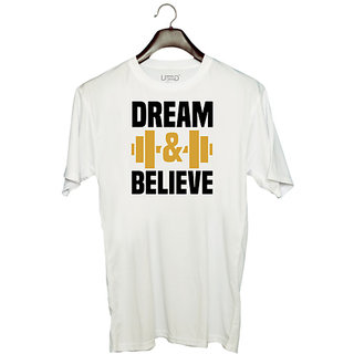                       UDNAG Unisex Round Neck Graphic 'Gym | Dream &' Polyester T-Shirt White                                              