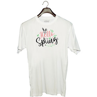                       UDNAG Unisex Round Neck Graphic 'Spring | hello spring' Polyester T-Shirt White                                              