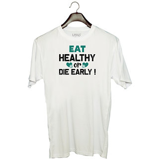                       UDNAG Unisex Round Neck Graphic 'Food | Eat healthy' Polyester T-Shirt White                                              