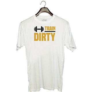                       UDNAG Unisex Round Neck Graphic 'Trainer gym | Train dirty' Polyester T-Shirt White                                              
