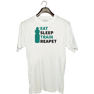                       UDNAG Unisex Round Neck Graphic 'Life cycle | Eat sleep' Polyester T-Shirt White                                              