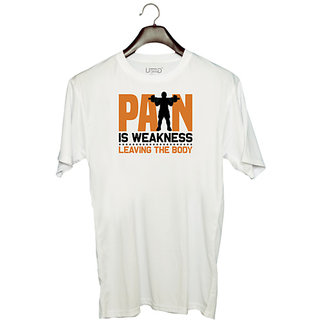                       UDNAG Unisex Round Neck Graphic 'Gym | Pain is weakness' Polyester T-Shirt White                                              