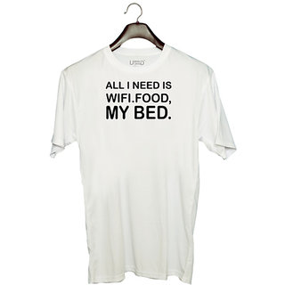                       UDNAG Unisex Round Neck Graphic 'Wifi food bed | all i need is' Polyester T-Shirt White                                              