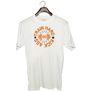                       UDNAG Unisex Round Neck Graphic 'Gym | Train hard kick' Polyester T-Shirt White                                              