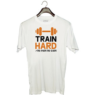                       UDNAG Unisex Round Neck Graphic 'Gym | Train hard no' Polyester T-Shirt White                                              