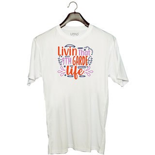                       UDNAG Unisex Round Neck Graphic 'Teacher | livin that 9th garde life' Polyester T-Shirt White                                              