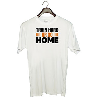                       UDNAG Unisex Round Neck Graphic 'Gym | Train hard or go' Polyester T-Shirt White                                              