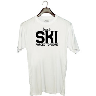                       UDNAG Unisex Round Neck Graphic '| bron to ski forced to work' Polyester T-Shirt White                                              