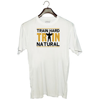                       UDNAG Unisex Round Neck Graphic 'Gym | Train hard' Polyester T-Shirt White                                              