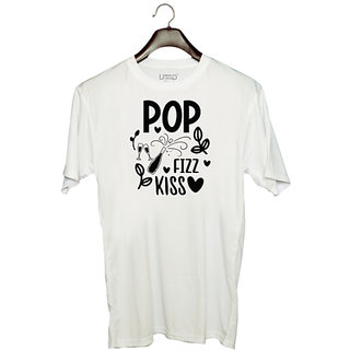                       UDNAG Unisex Round Neck Graphic 'Pop fizz kisss' Polyester T-Shirt White                                              