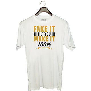                       UDNAG Unisex Round Neck Graphic 'Fake it' Polyester T-Shirt White                                              
