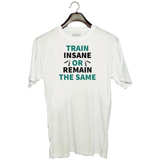                       UDNAG Unisex Round Neck Graphic 'Gym | Train insane' Polyester T-Shirt White                                              