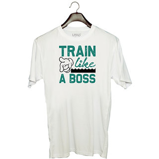                       UDNAG Unisex Round Neck Graphic 'Gym | Train like a Boss' Polyester T-Shirt White                                              