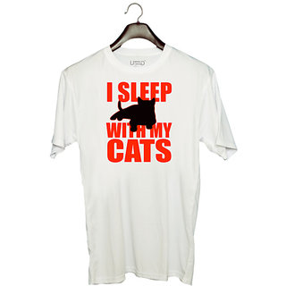                       UDNAG Unisex Round Neck Graphic 'Cats | I sleep with my Cats' Polyester T-Shirt White                                              