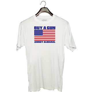                       UDNAG Unisex Round Neck Graphic 'American Flag | Buy a gun Annoy alibaral' Polyester T-Shirt White                                              