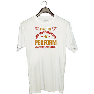                       UDNAG Unisex Round Neck Graphic 'Perform | Practice' Polyester T-Shirt White                                              