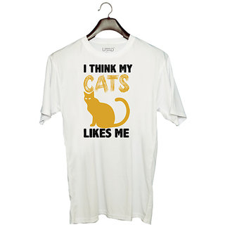                       UDNAG Unisex Round Neck Graphic 'Cats | I think my cats like me' Polyester T-Shirt White                                              