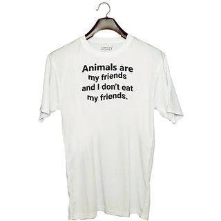                       UDNAG Unisex Round Neck Graphic 'Animals | Animals are my friends' Polyester T-Shirt White                                              