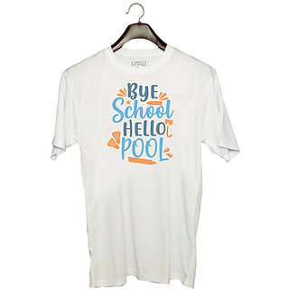                       UDNAG Unisex Round Neck Graphic 'School | bye school hello pool' Polyester T-Shirt White                                              