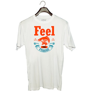                       UDNAG Unisex Round Neck Graphic 'Fishing | Feel The Fishing' Polyester T-Shirt White                                              