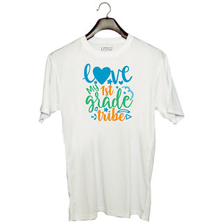                       UDNAG Unisex Round Neck Graphic 'School Teacher | love my 1st grade tribe' Polyester T-Shirt White                                              