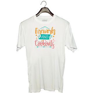                       UDNAG Unisex Round Neck Graphic 'Fireworks and Cookouts' Polyester T-Shirt White                                              