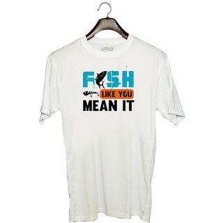                       UDNAG Unisex Round Neck Graphic 'Fishing | Fish Like You Mean It' Polyester T-Shirt White                                              