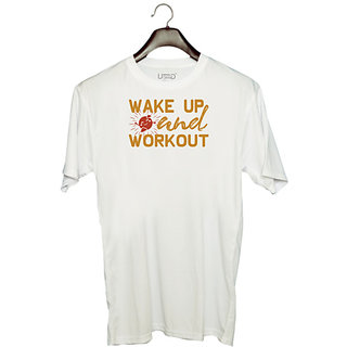                       UDNAG Unisex Round Neck Graphic 'Workout gym | Wake up' Polyester T-Shirt White                                              