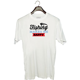                       UDNAG Unisex Round Neck Graphic 'Fishing | Fishing Make me Happy' Polyester T-Shirt White                                              