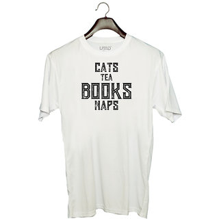                       UDNAG Unisex Round Neck Graphic 'Cat | CATS TEA BOOKS NAPS 2' Polyester T-Shirt White                                              