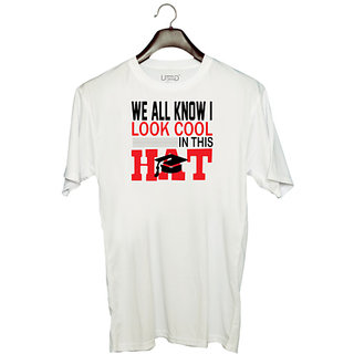                       UDNAG Unisex Round Neck Graphic 'Hat | We all know i look cool' Polyester T-Shirt White                                              