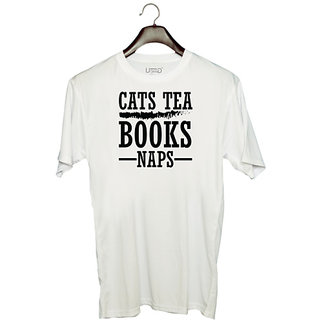                       UDNAG Unisex Round Neck Graphic 'Cat | CATS TEA BOOKS NAPS' Polyester T-Shirt White                                              