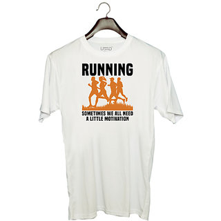                       UDNAG Unisex Round Neck Graphic 'Running | Running' Polyester T-Shirt White                                              