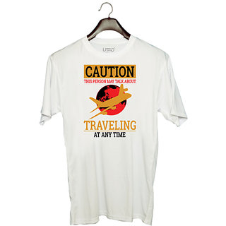                       UDNAG Unisex Round Neck Graphic 'Caution | CAUTION THIS PERSON MAY TALK ABOUT' Polyester T-Shirt White                                              