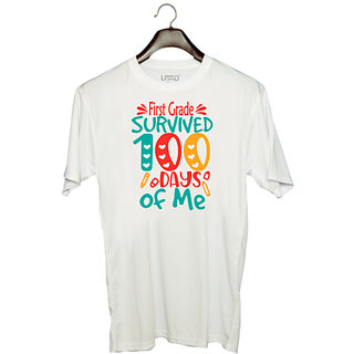                       UDNAG Unisex Round Neck Graphic 'School | first Grade survived 100 days of me' Polyester T-Shirt White                                              