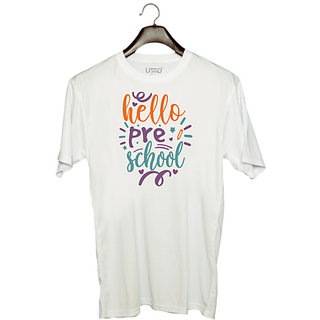                       UDNAG Unisex Round Neck Graphic 'School | Hello pre schooll' Polyester T-Shirt White                                              