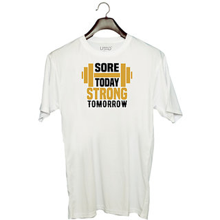                       UDNAG Unisex Round Neck Graphic 'Gym | Sore today' Polyester T-Shirt White                                              