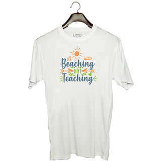                       UDNAG Unisex Round Neck Graphic 'Summer | beaching not teaching' Polyester T-Shirt White                                              
