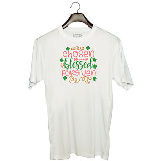                       UDNAG Unisex Round Neck Graphic 'Blessed | chosen blessed forgiven' Polyester T-Shirt White                                              