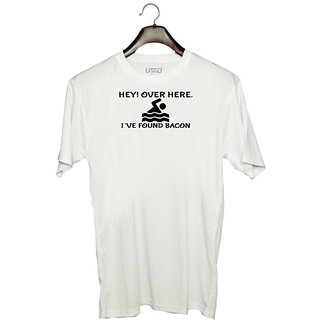                       UDNAG Unisex Round Neck Graphic 'Bacon | HEY! OVER HERE' Polyester T-Shirt White                                              