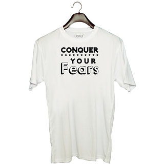                       UDNAG Unisex Round Neck Graphic 'Conquer Your Fears' Polyester T-Shirt White                                              