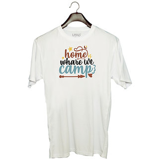                       UDNAG Unisex Round Neck Graphic 'Home | Home whare we camp' Polyester T-Shirt White                                              