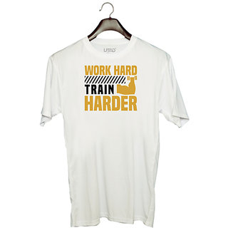                       UDNAG Unisex Round Neck Graphic 'Trainer, Gym | Work hard' Polyester T-Shirt White                                              
