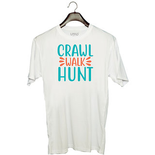                      UDNAG Unisex Round Neck Graphic 'CRAWL WALK HUNT' Polyester T-Shirt White                                              